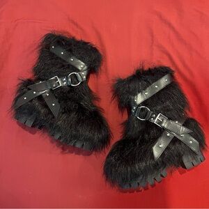 Club Exx x Dolls Kill - LOW WILD INSTINCTS FAUX FUR COMBAT BOOTS - BLACK